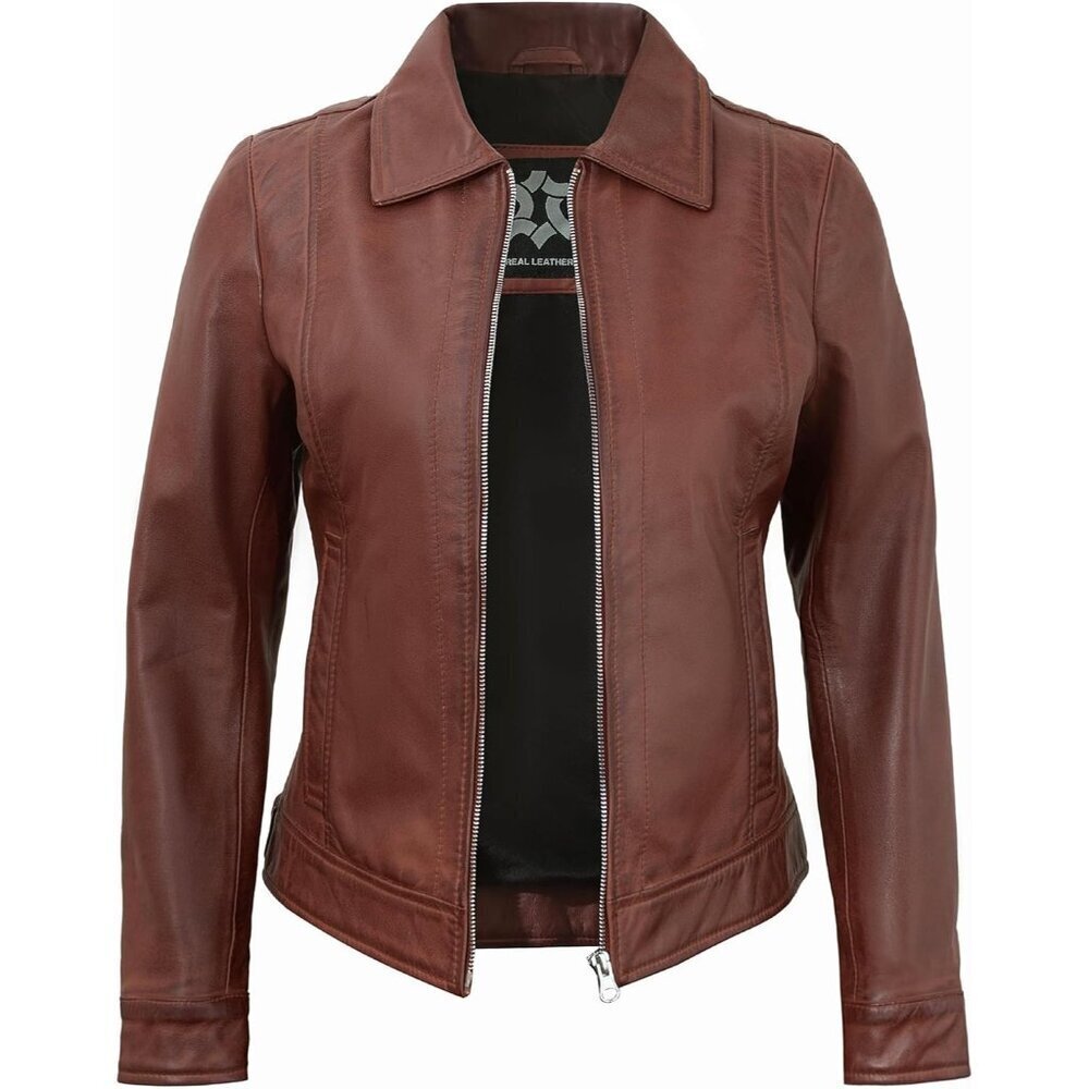Women's Real Lambskin Outwear Jackets Stylish Turn Down Collar Brown Leather